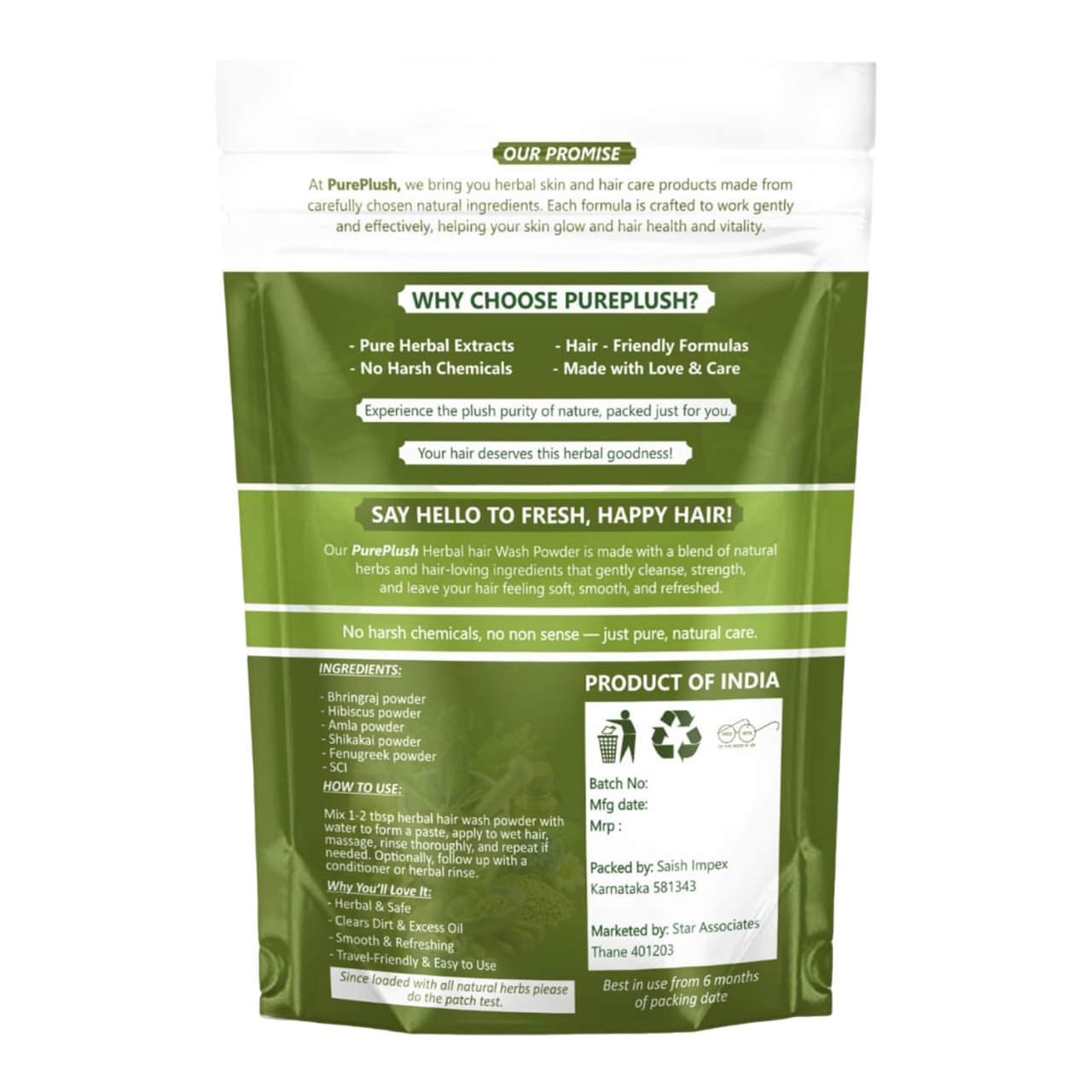 PurePlush Herbal Hair Wash Powder with Amla, Shikakai & Bhringraj - Detail View